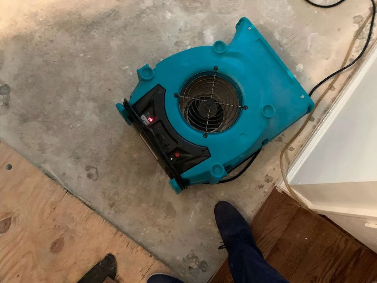Air mover drying subfloor during Leak Detection & Repair in Fallston